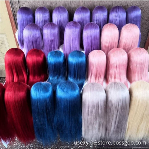 Preplucked hd swiss 13x6 lace frontal wig vendor good quality party wigs red yellow green blue pink frontal human hair wigs